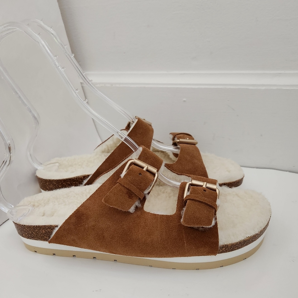 Boden tan suede faux fur cozy slippers footbed sandals slide women size 41